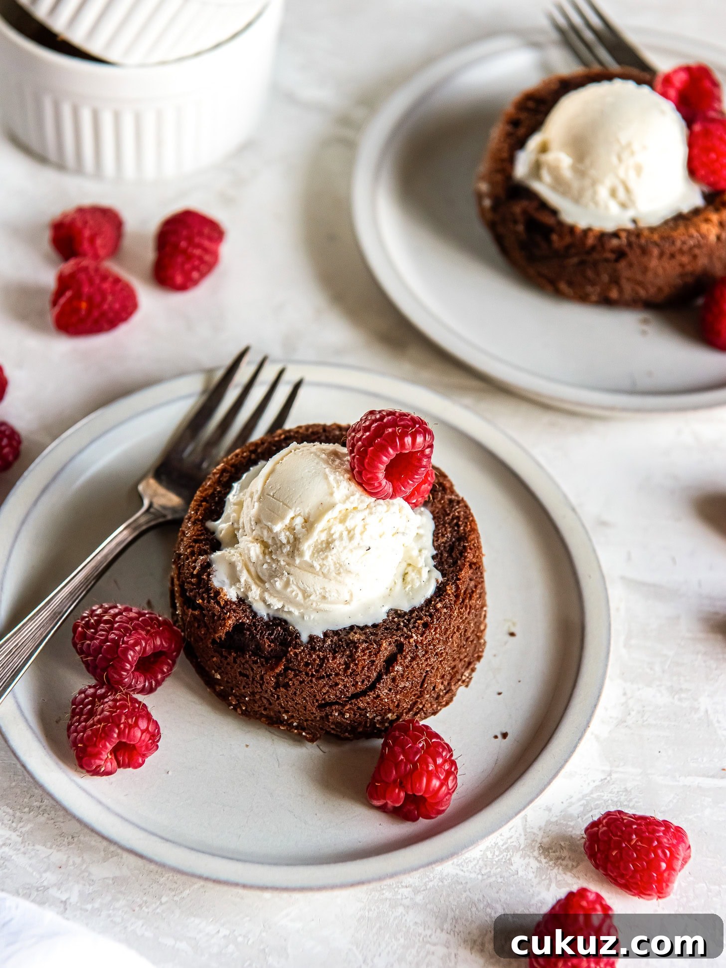 Chocolate lava cakes for two topped with vanilla ice cream.