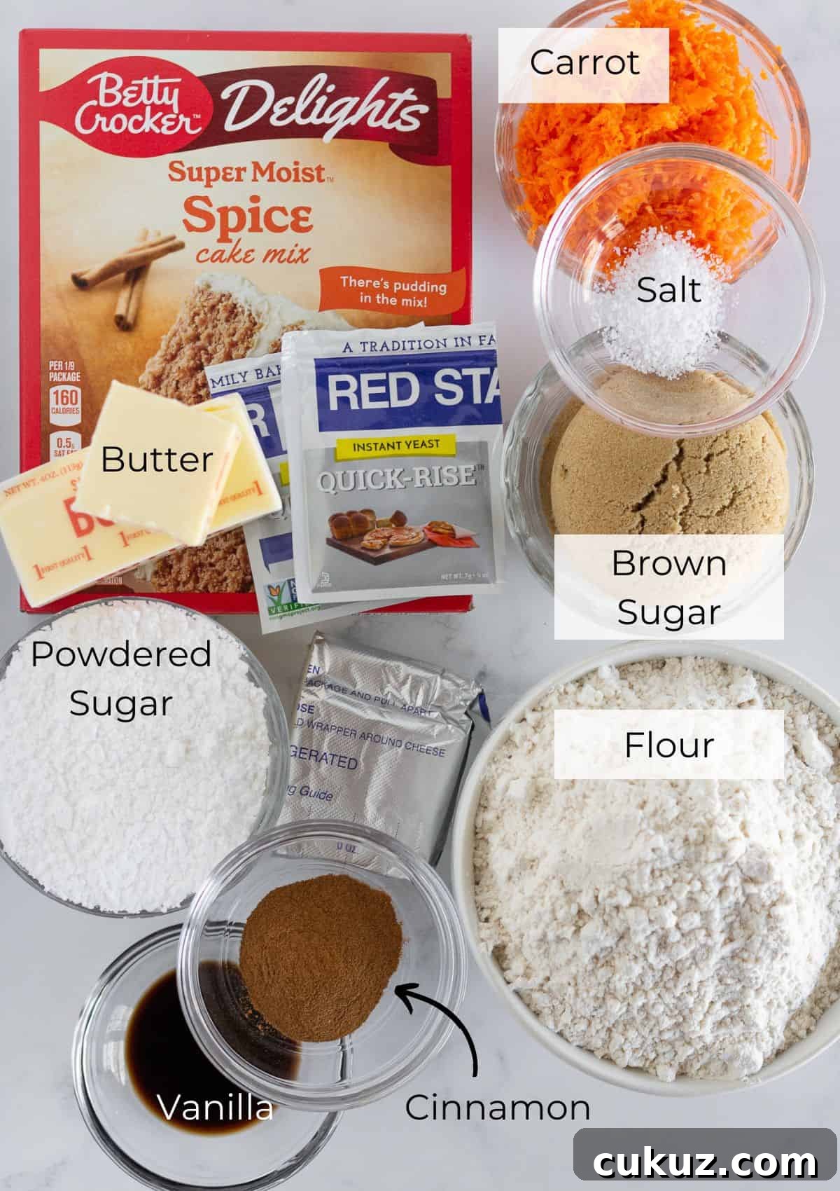 Carrot Cake Cinnamon Rolls with Cream Cheese Glaze 3 The ingredients needed to make carrot cake cinnamon rolls.