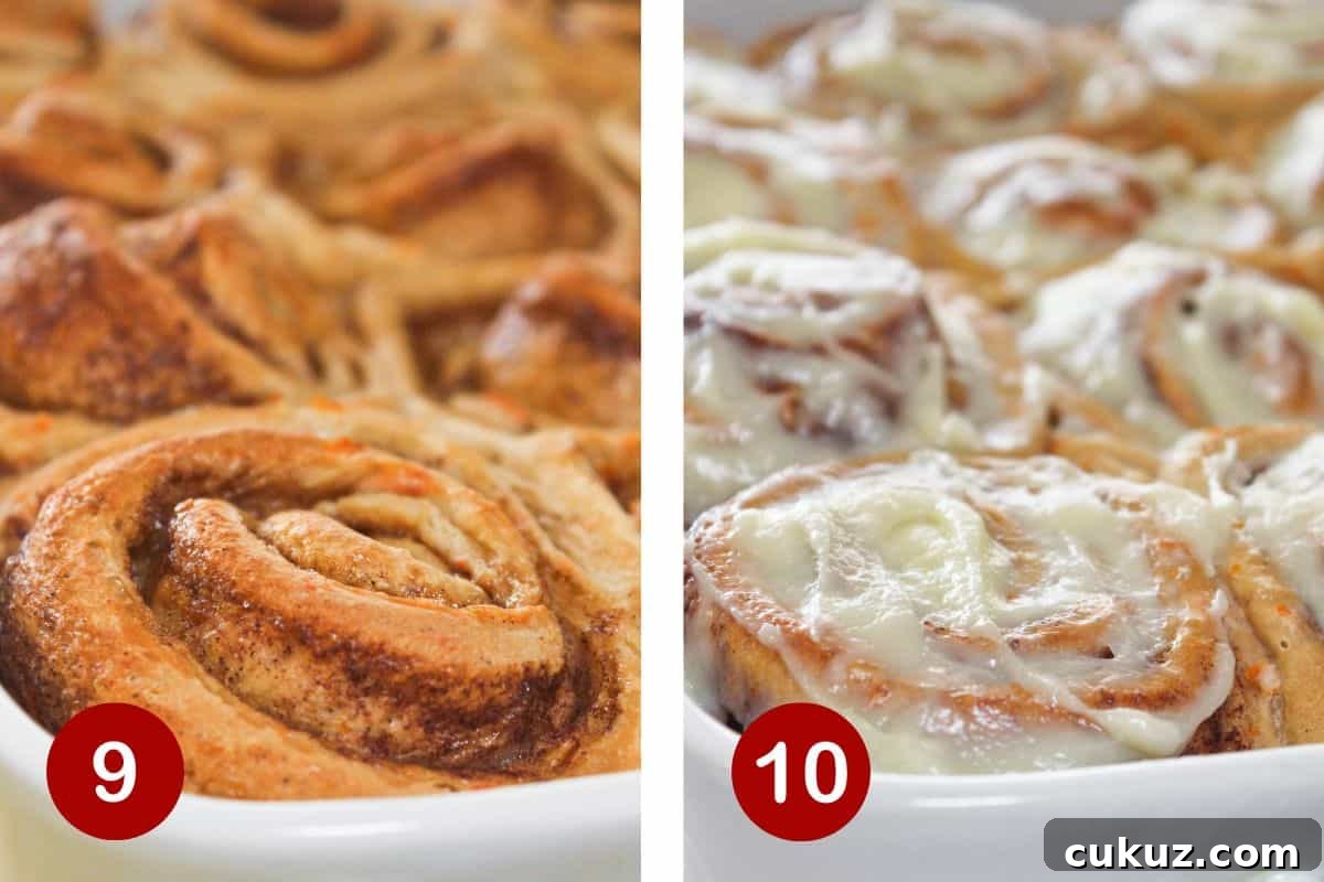 Carrot Cake Cinnamon Rolls with Cream Cheese Glaze 7 Baking the carrot cake rolls and frosting with cream cheese frosting.