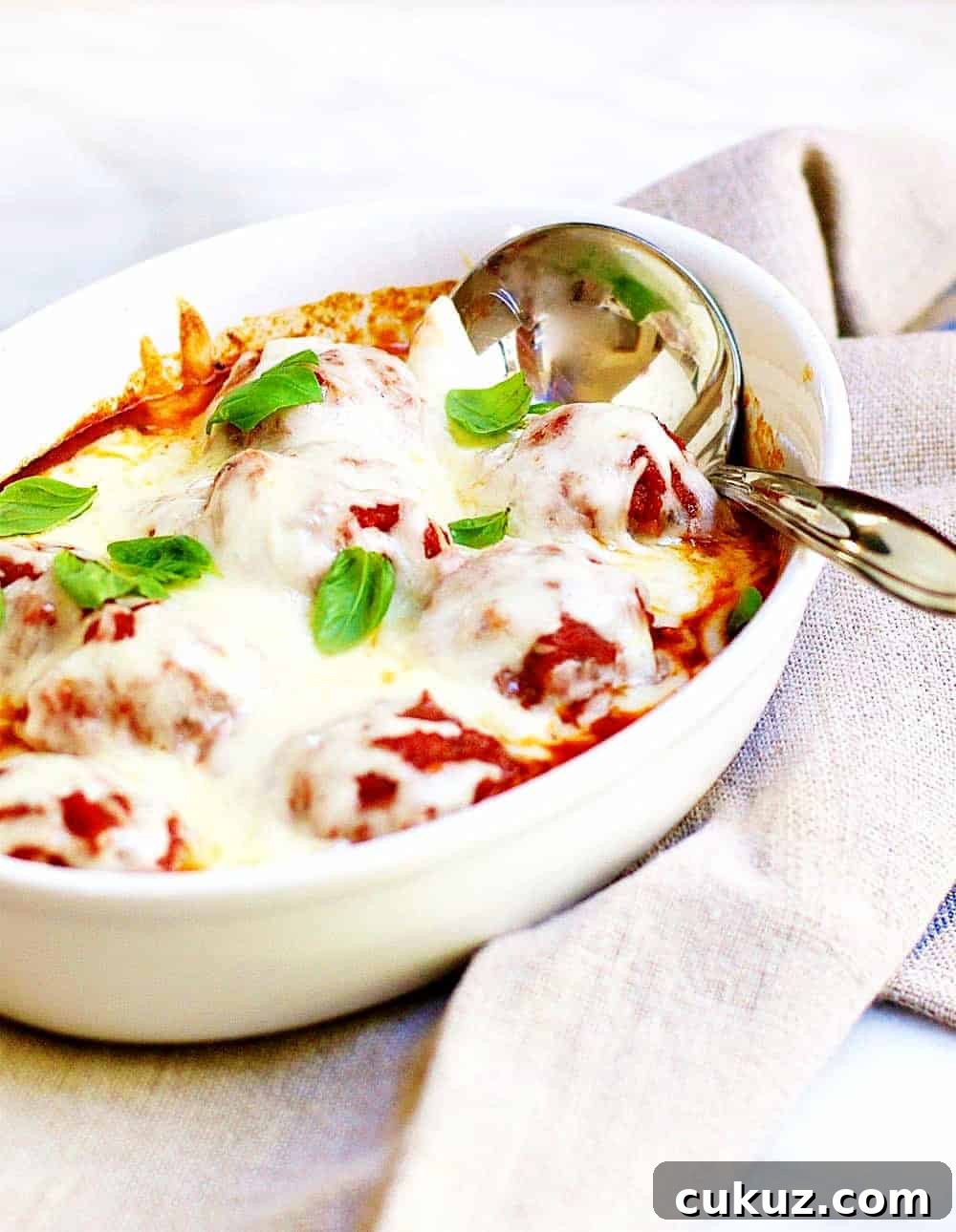 Baked Italian Meatballs in ceramic dish