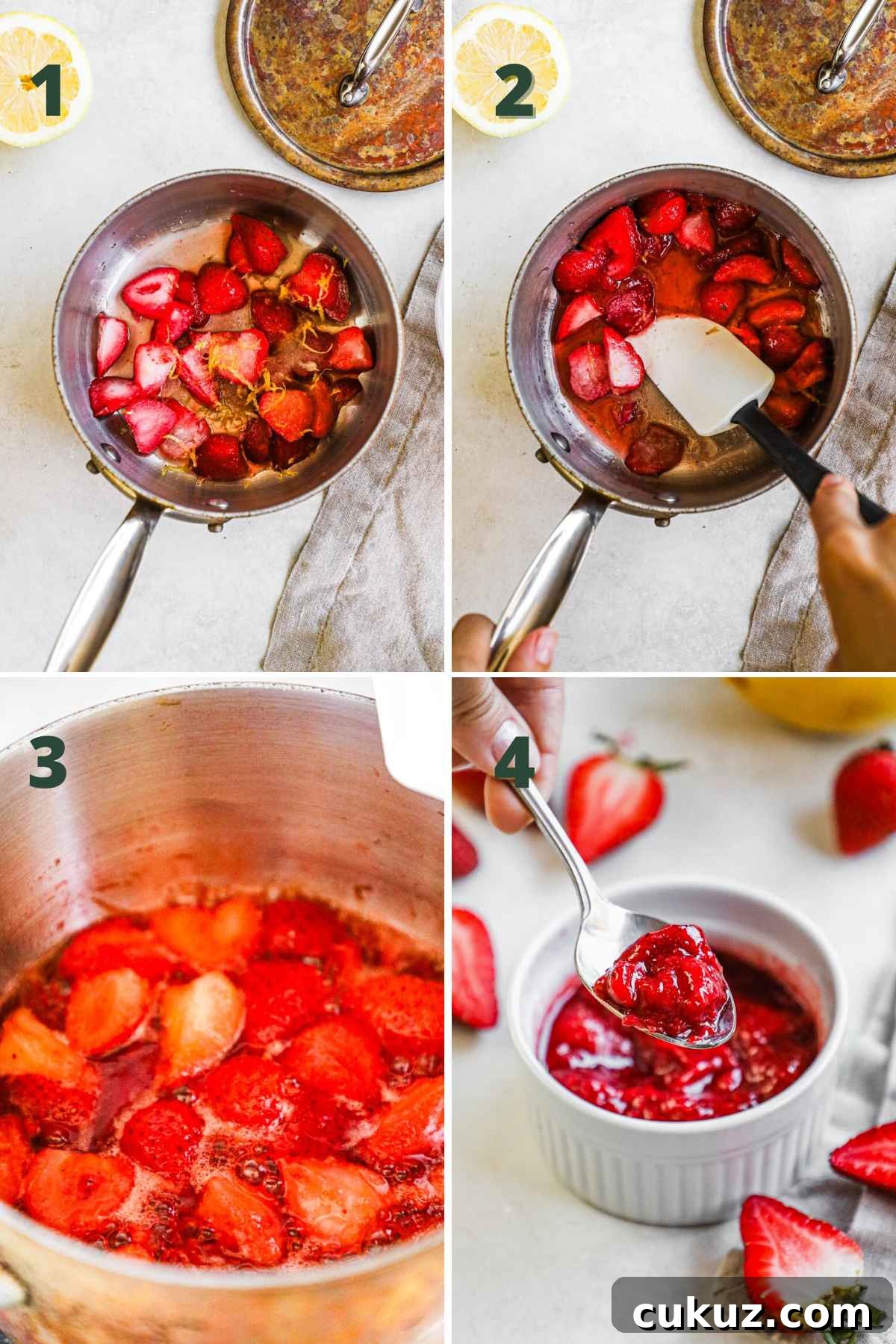 How to make 3-ingredient strawberry compote, including cooking and stirring strawberries, lemon zest and juice, and sugar until syrupy, then serving.