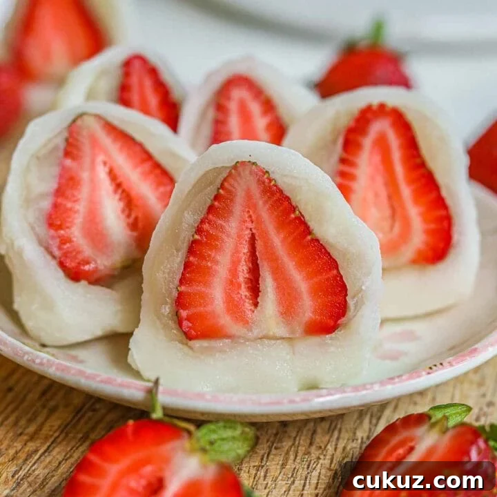 Strawberry mochi, or ichigo daifuku, stuffed with a fresh strawberry and shiroan/ anko (white bean paste) cut in half and served on a plate.