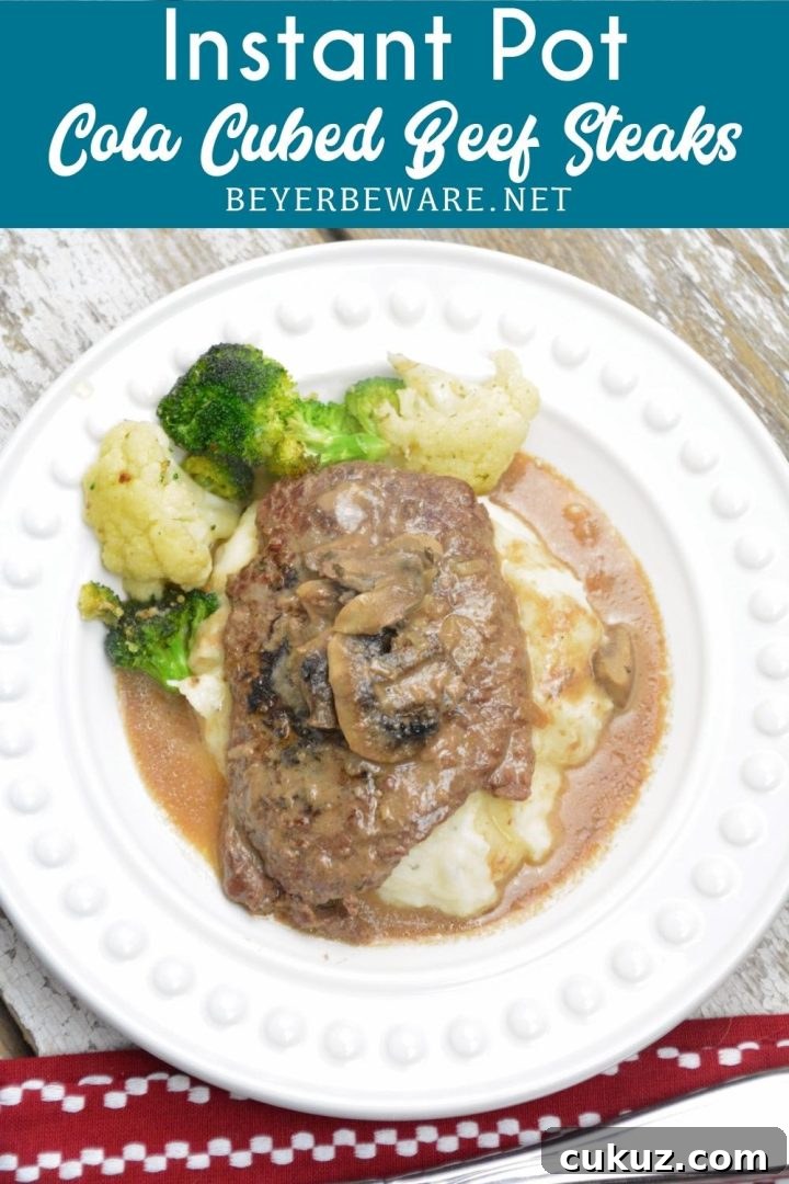 Instant Pot Cola Cubed Beef Steaks — cubed steaks cooked quickly with cola, onion soup mix, and cream of mushroom soup in the Instant Pot.