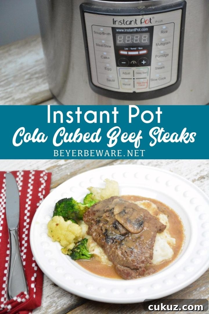 Instant Pot Cola Cubed Beef Steaks plated and ready to enjoy.