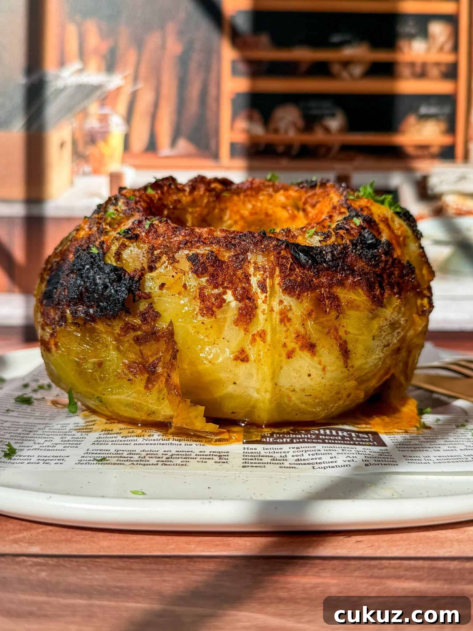Viral Cabbage Boil Recipe: How to Make the Trendy Cabbage Pot 2 A close-up of a roasted yellow squash with a crispy, charred exterior sits on a white plate lined with newspaper, with a bakery display blurred in the background.