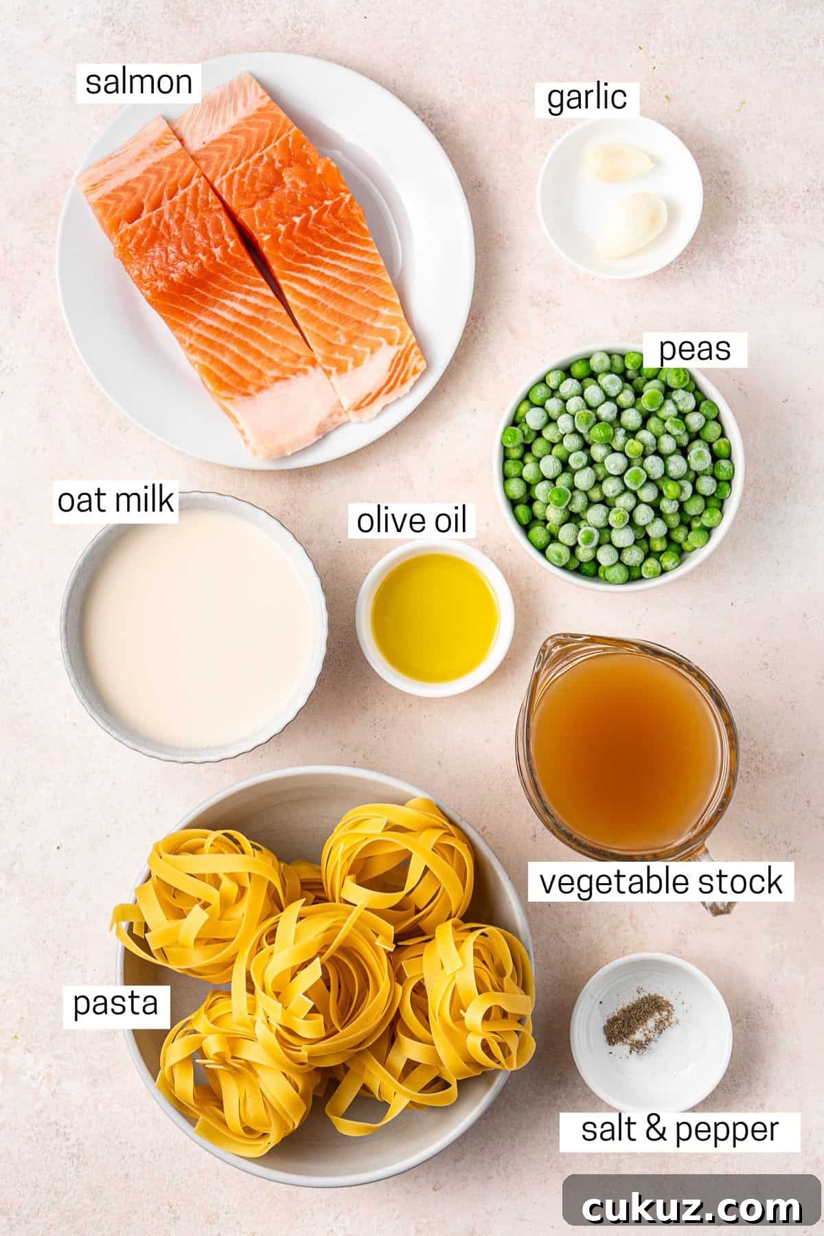 Creamy Dairy-Free Salmon Tagliatelle Recipe 3 All ingredients needed to make dairy free salmon pasta laid out in bowls.