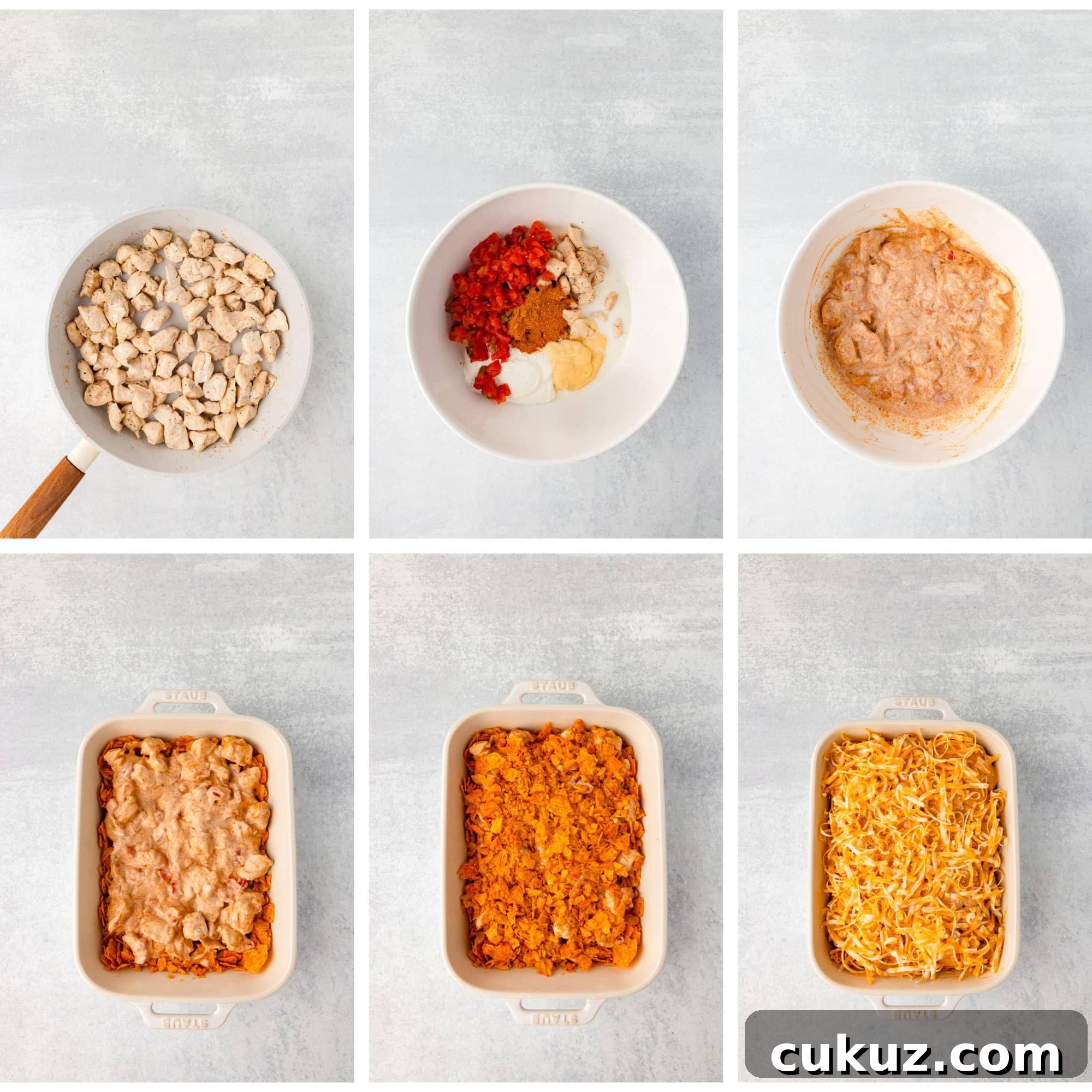 A six-step cooking process: 1) Sautéed chicken in a pan. 2) Ingredients including tomatoes, spices, and yogurt in a bowl. 3) Mixed ingredients. 4) Chicken layered in a baking dish with sauce. 5) Baked with a crust. 6) Topped with cheese.