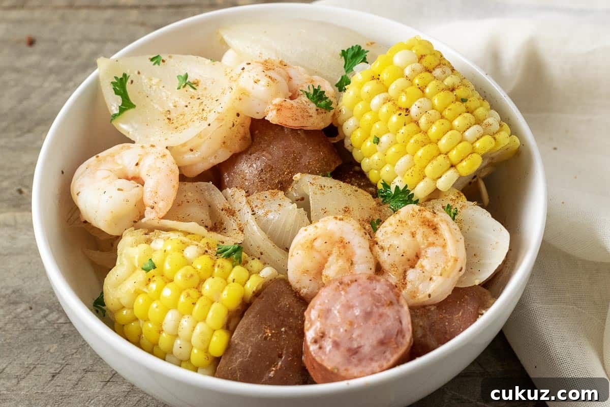 Ultimate Seafood Boil in a white bowl.