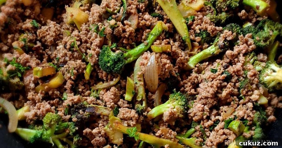 Ground beef and broccoli with onion.