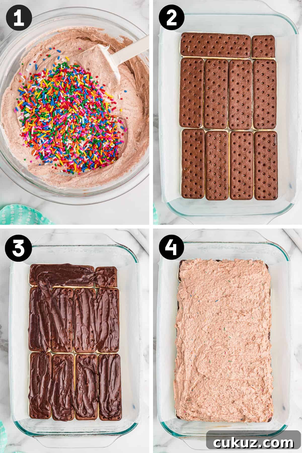 4 image collage showing a bowl of chocolate whipped filling with sprinkles and a 9 x 13 inch baking dish with layers of ice cream sandwiches, chocolate sauce, and chocolate whipped topping.