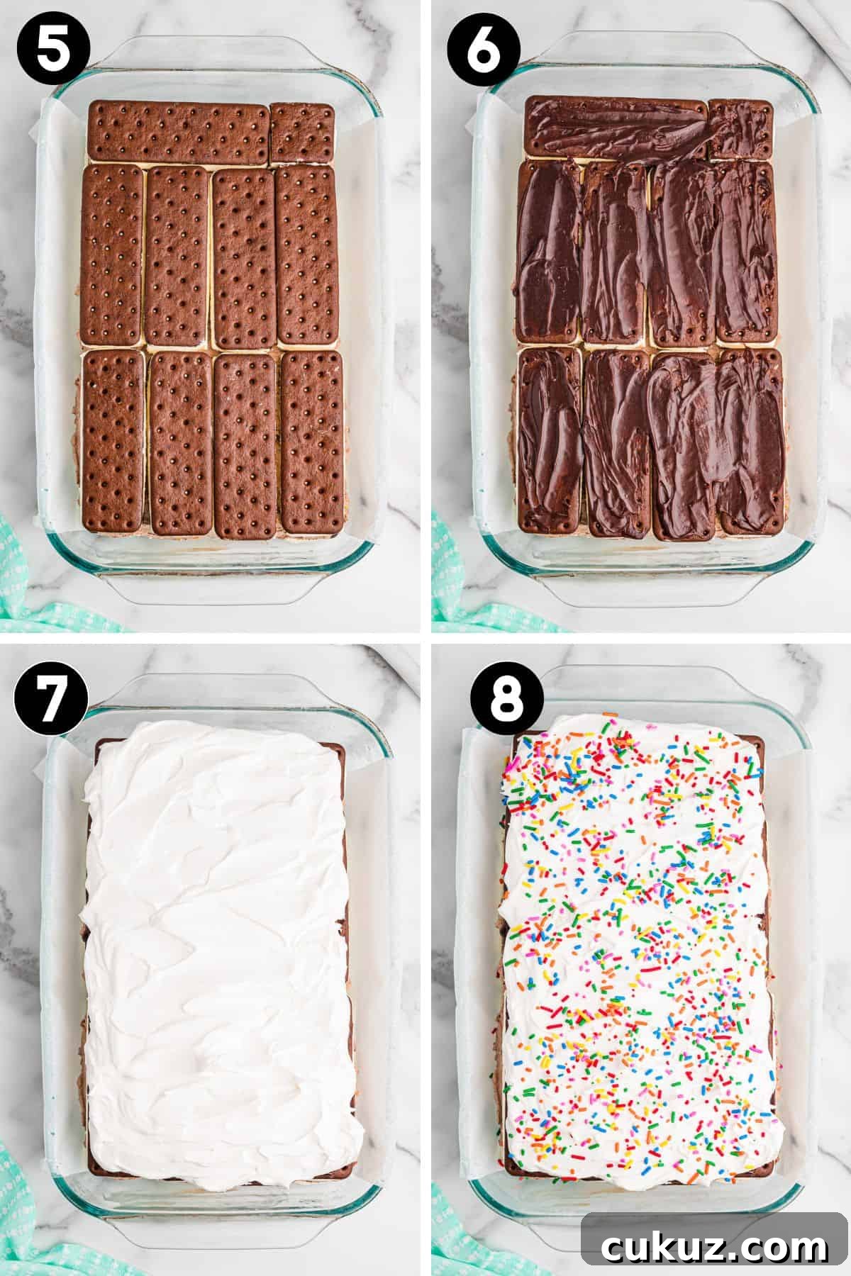 4 image collage showing a 9 x 13 inch baking dish with layers of ice cream sandwiches, hot fudge, whipped topping, and sprinkles over the top.
