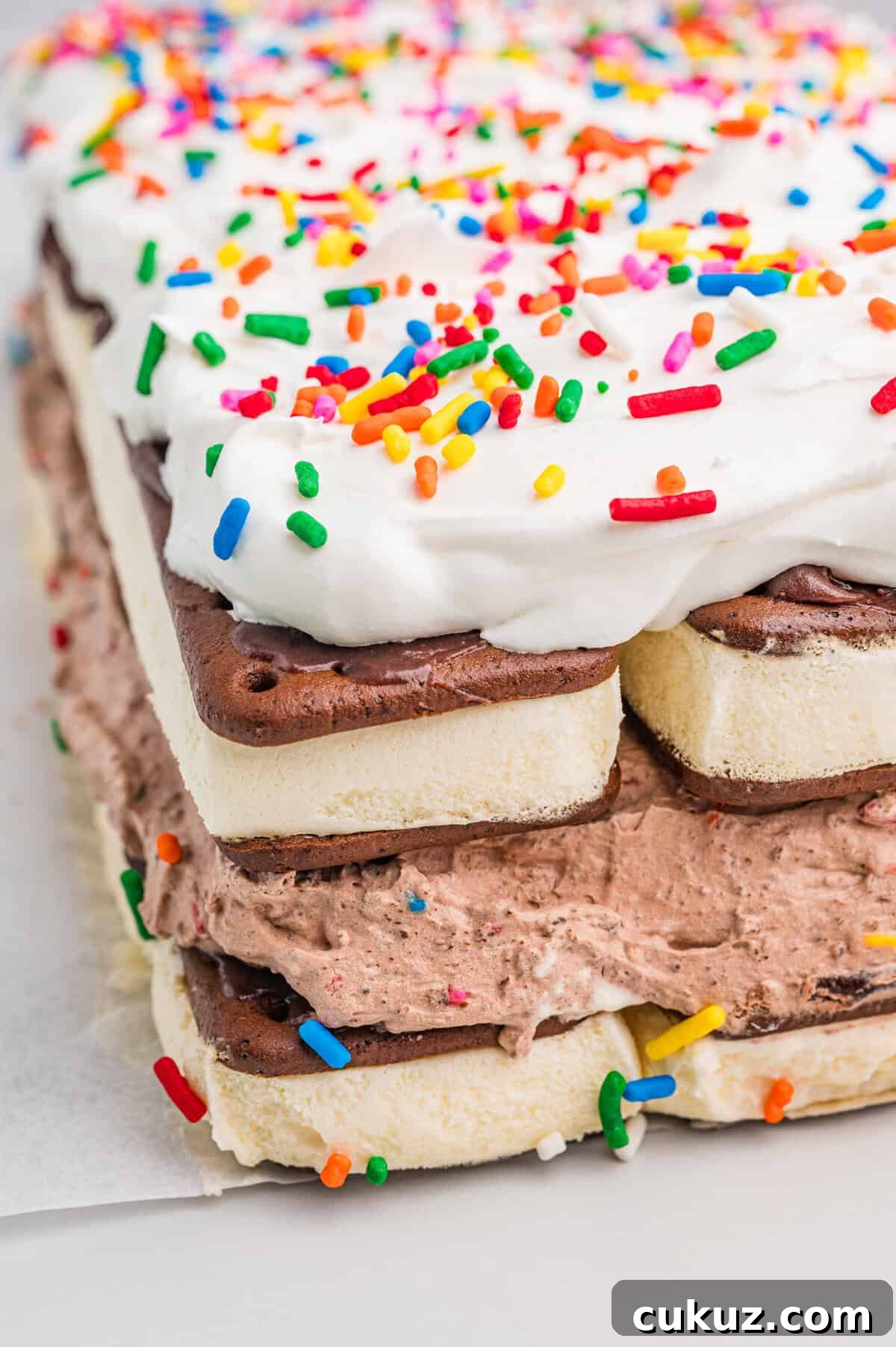 Close-up corner view of a layered ice cream sandwich cake.