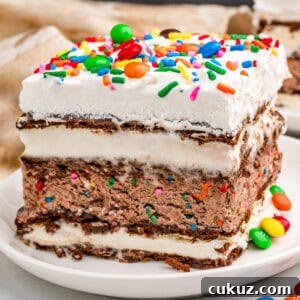 Slice of ice cream sandwich cake with sprinkles and M&Ms on top.