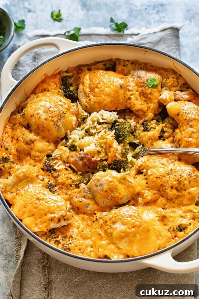 Cheesy Chicken and Broccoli Rice Casserole Recipe 2 Top down shot of cheesy chicken and broccoli casserole in a large pan with rice
