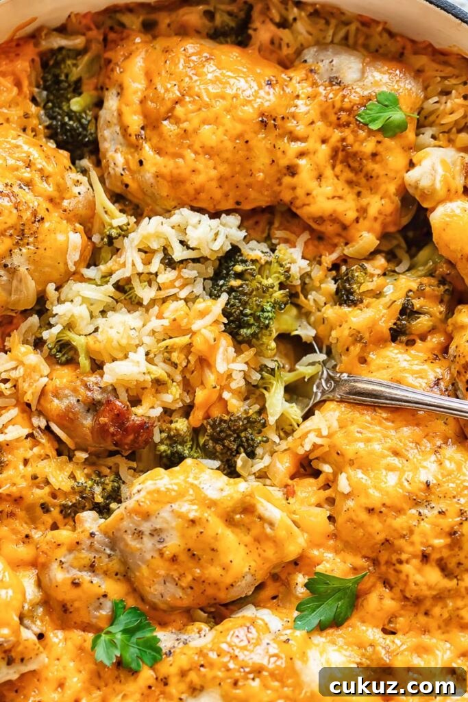 Cheesy Chicken and Broccoli Rice Casserole Recipe 3 Close up shot of chicken broccoli rice casserole being scooped out of a pan