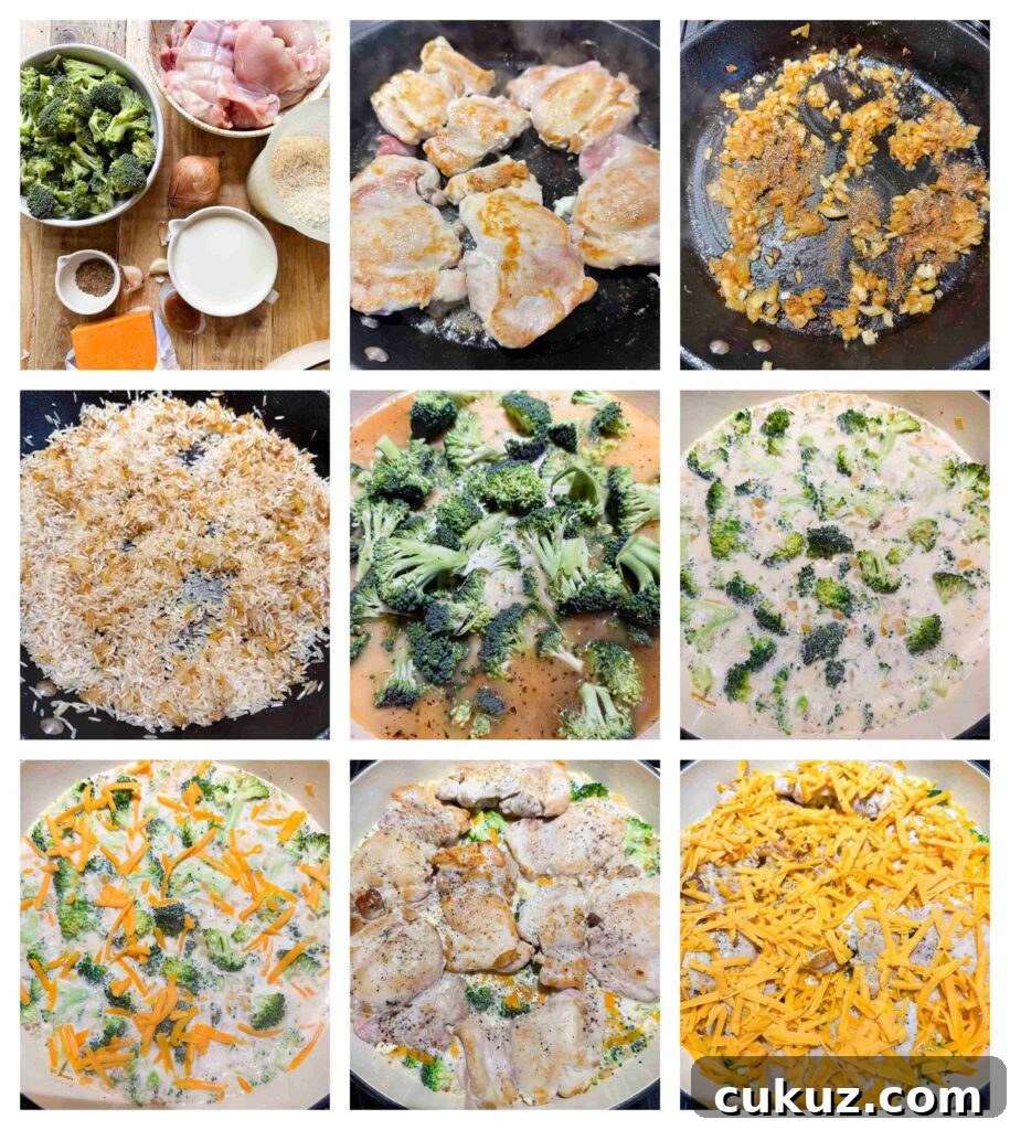Cheesy Chicken and Broccoli Rice Casserole Recipe 4 Process shots of ingredients being prepared before seared in a pan and cooked into casserole