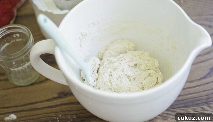 How to Make Delicious Bread with Sourdough Discard 9 bread dough in a white stand mixer bowl with teal spatula
