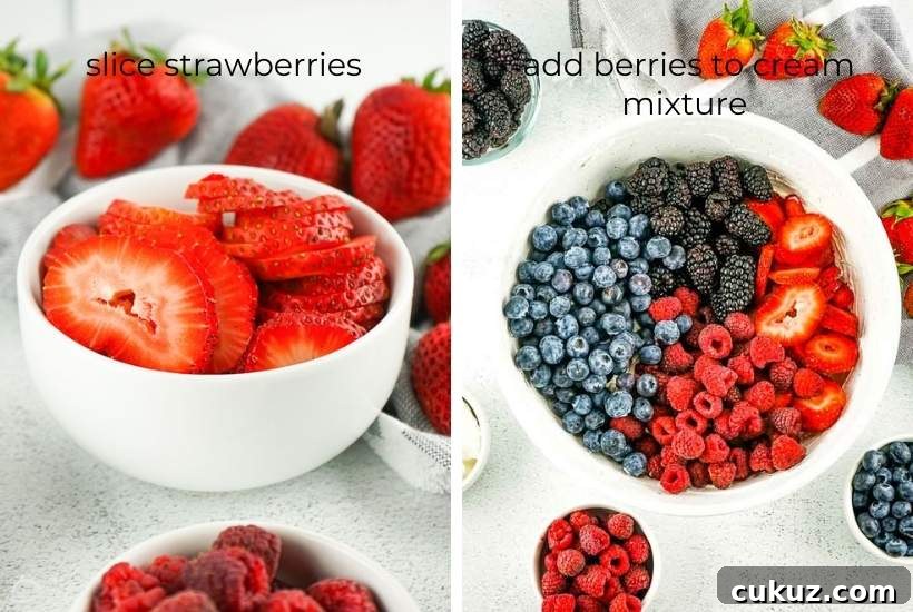 Summer Berry Cheesecake Salad Recipe with Creamy Whipped Topping 6 berries being sliced and placed in a bowl