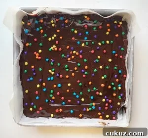 add the chocolate ganache and top with coloured chocolate chips to finish the homemade cosmic brownies 
