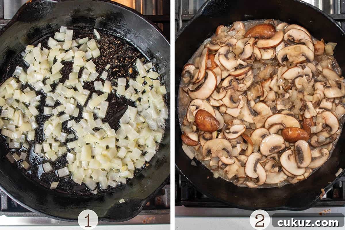 Two photos: One with onions sautéing in a pan and the second with mushrooms sautéing.