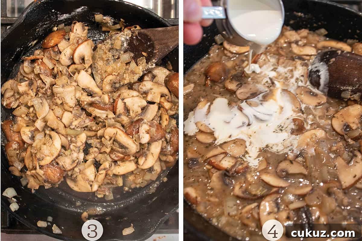 Mushroom cooking in a cast iron pan and then a second photo with cream being poured in.