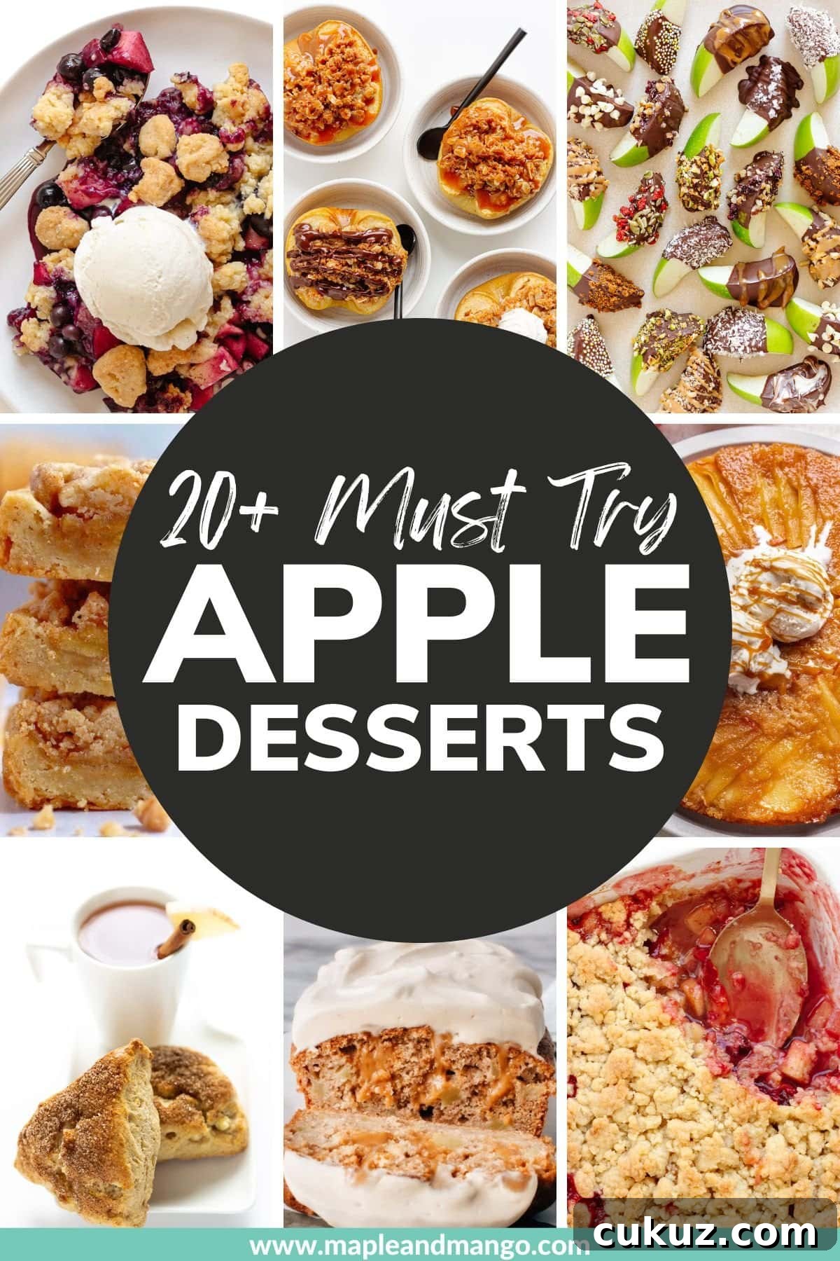 Collage graphic of apple desserts with text overlay that reads "20+ Must Try Apple Desserts".