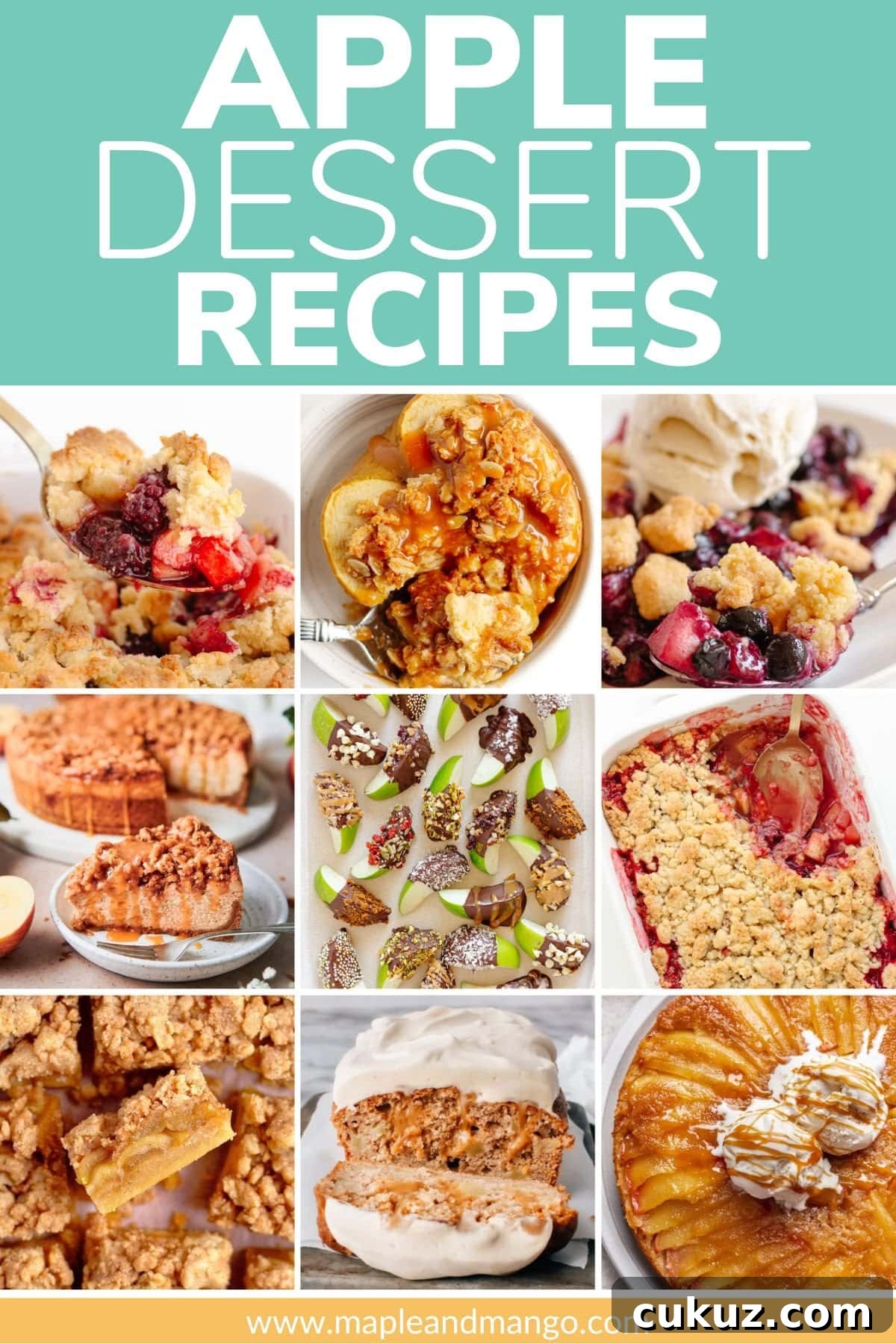 Collage of apple desserts with text overlay that reads "Apple Dessert Recipes".