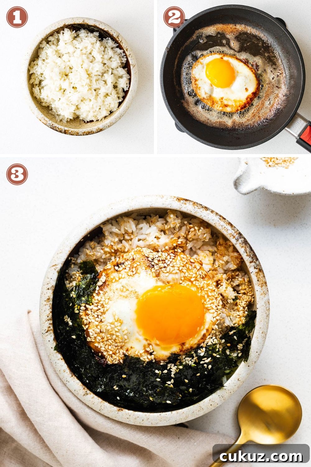 A composite image of how to make gyeran bap in three steps. A bowl of white rice, a fried egg, and a ceramic bowl with egg, rice, seaweed and sesame seeds.