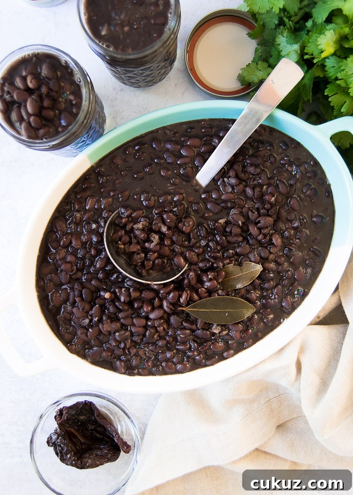 A blue and white dish with cooked black beans inside, a ladle and bay leaves, too. There's a parsley plant on the background, as well as two mason jars filled with beans, a small dish with cooked peppers, and a linen napkin on the table. 
