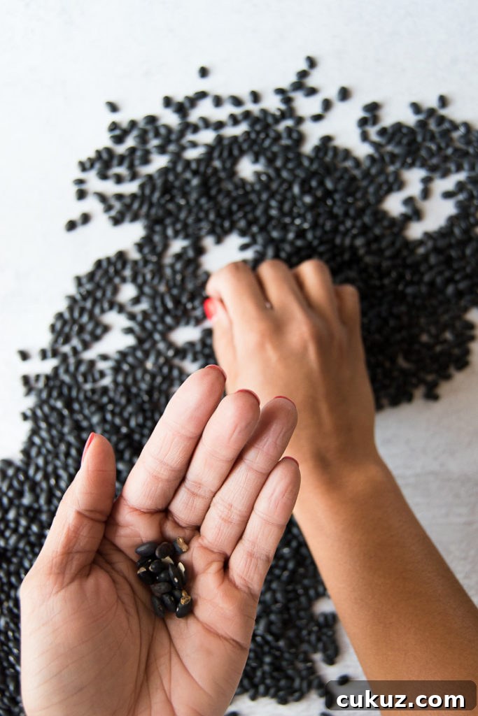 A woman holds broken black beans in the palm of her hand above more scattered beans on a kitchen surface
