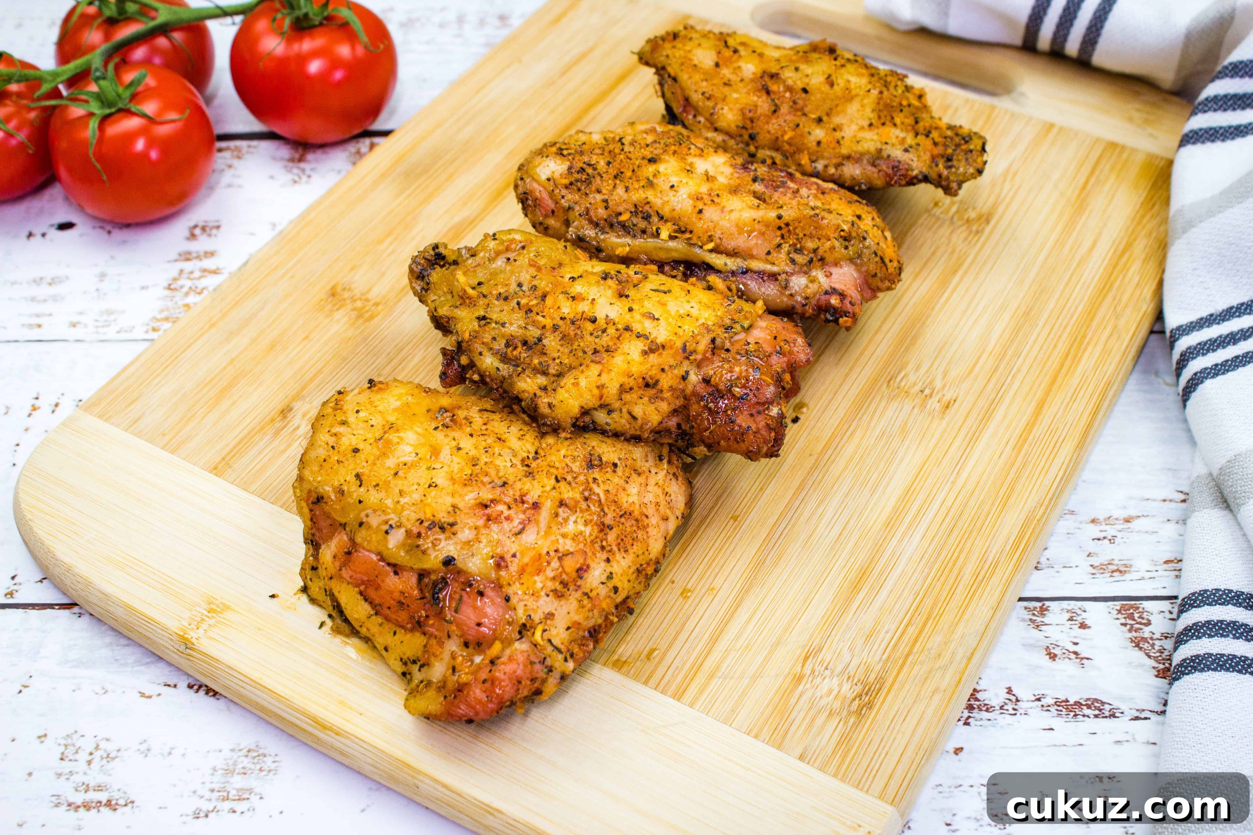 Chicken thighs on a cutting board with tomatoes.