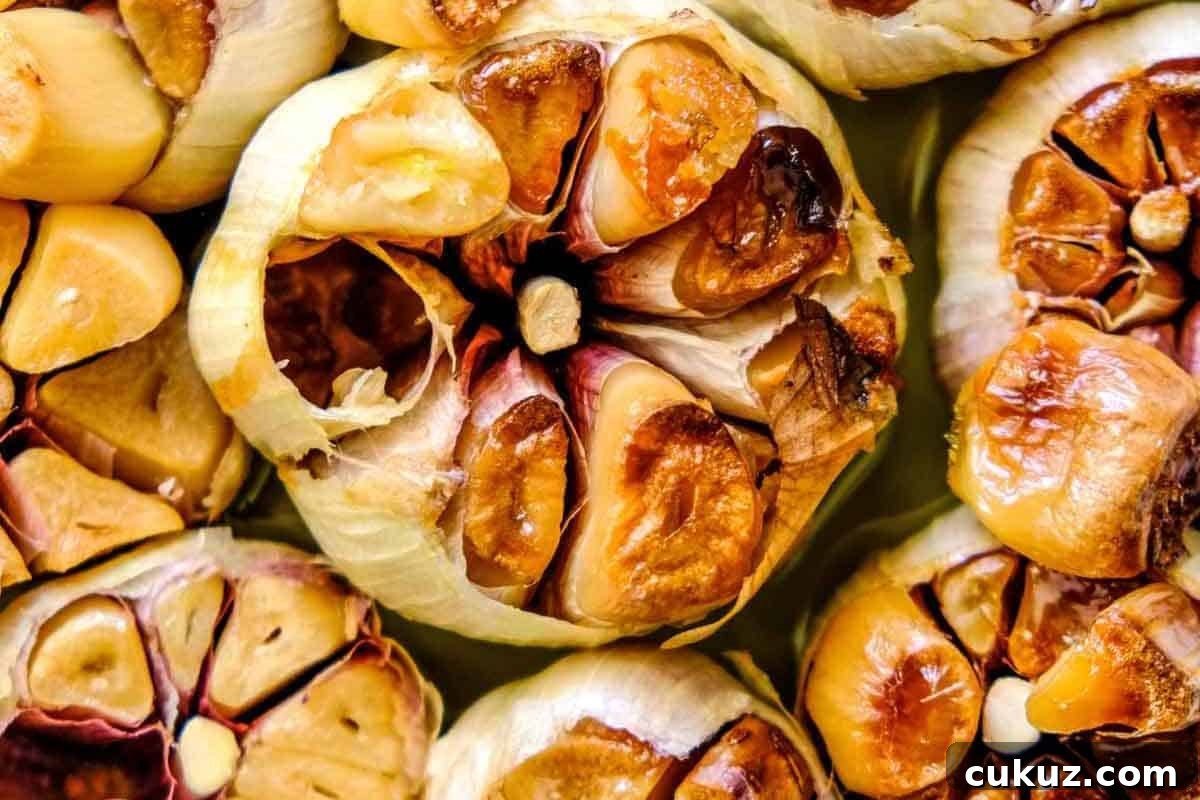 Close-up of roasted garlic cloves.