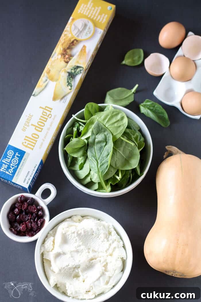 ingredients for the Fillo Ricotta Bundt Pie with Butternut Squash and Spinach recipe