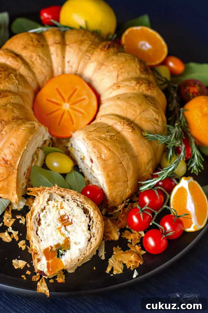 A photo of a slice taken out of the bund pie surrounded with vegetables and fruit.