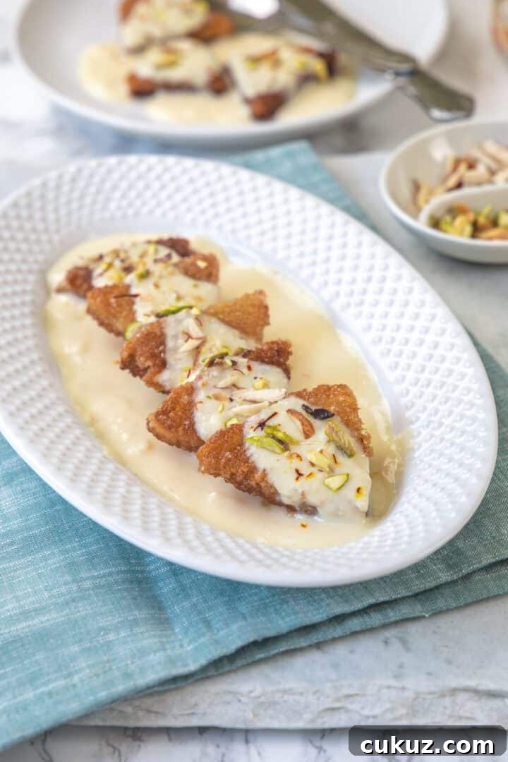 fried bread slices with rabdi placed on a white oval plate