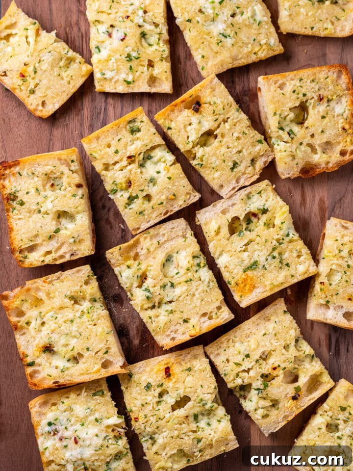 overhead view of garlic bread pieces
