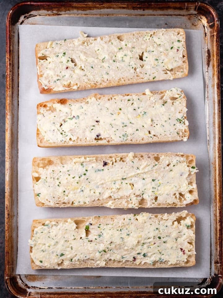 garlic butter spread on baguette