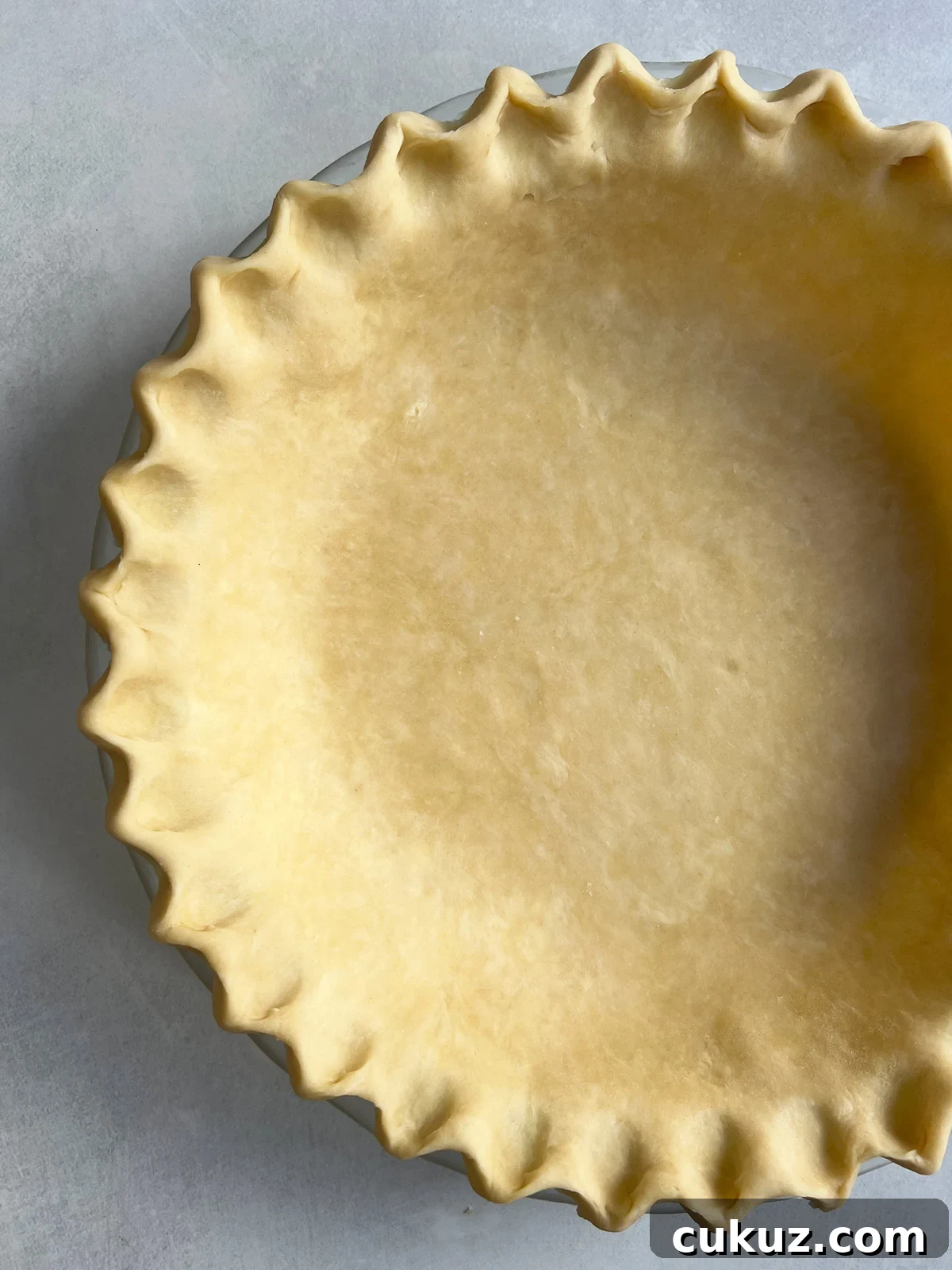 Pie crust in a pie pan with a fluted edge.