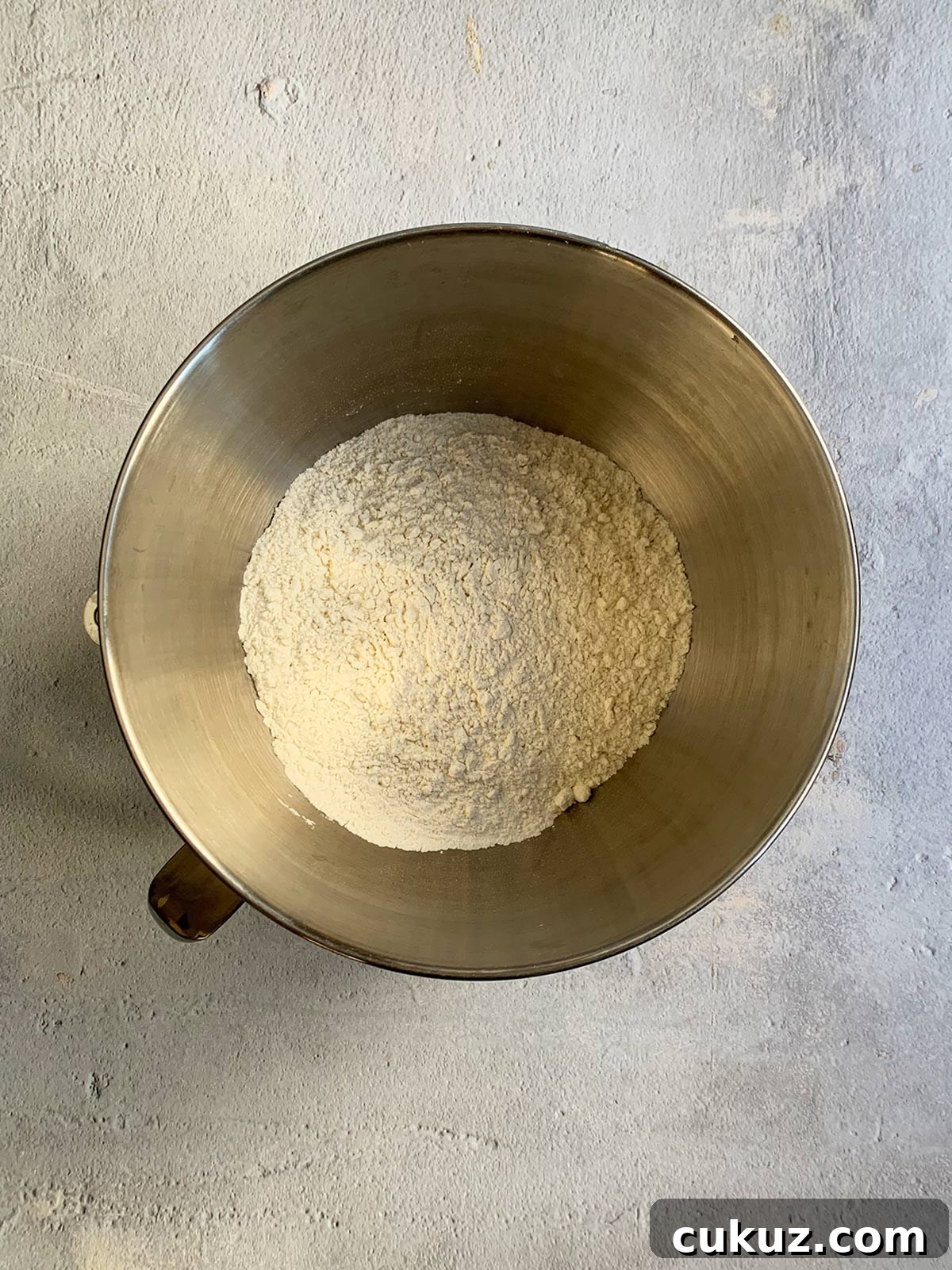 Dry ingredients mixed together in the stand up mixer bowl.