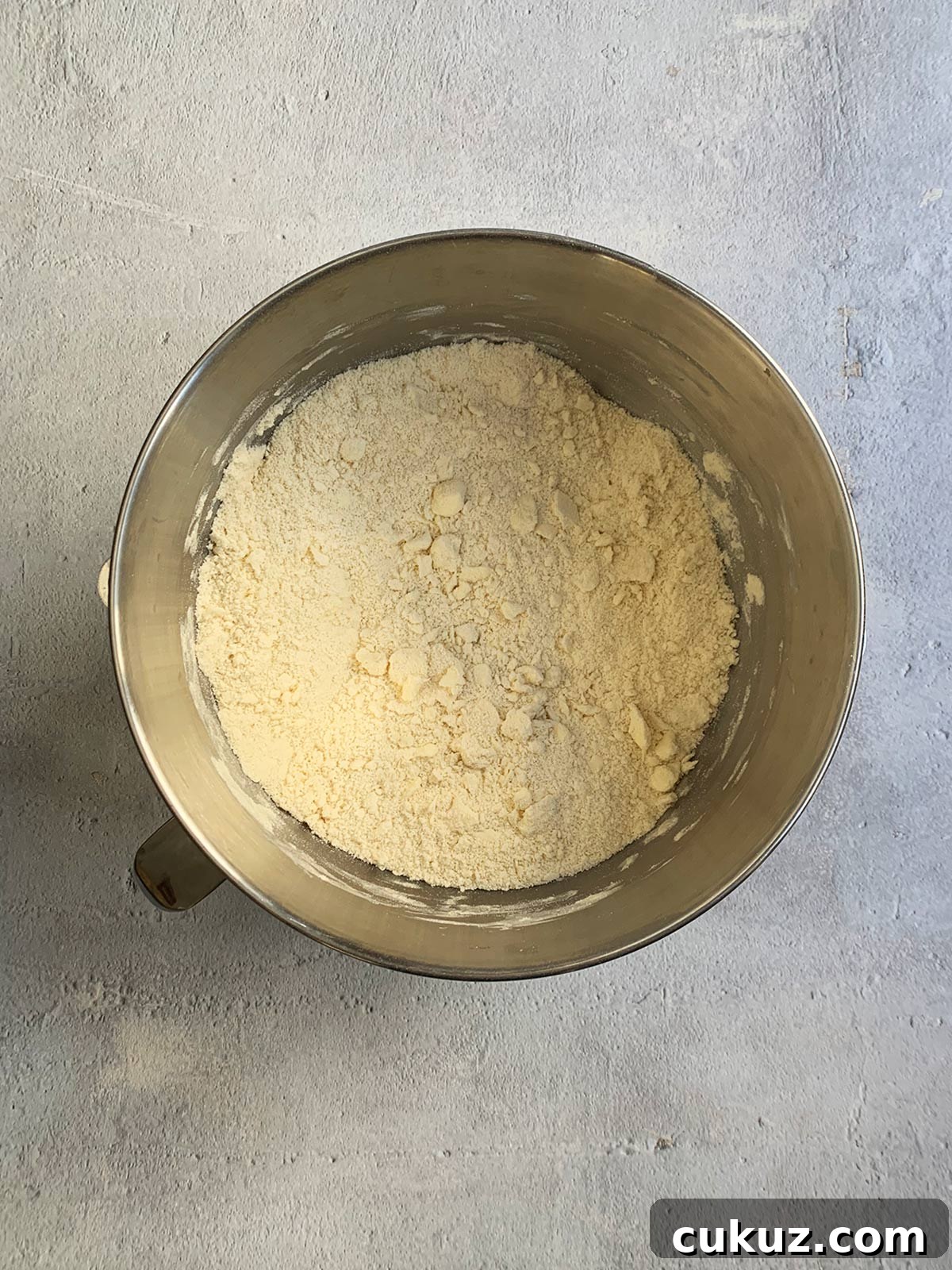 Pie dough in a mixer bowl showing that the butter is being incorporated and pea size pieces are emerging.