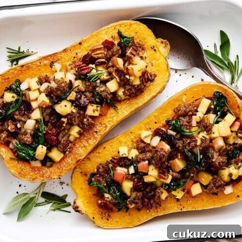 Stuffed butternut squash with sausage and apples.
