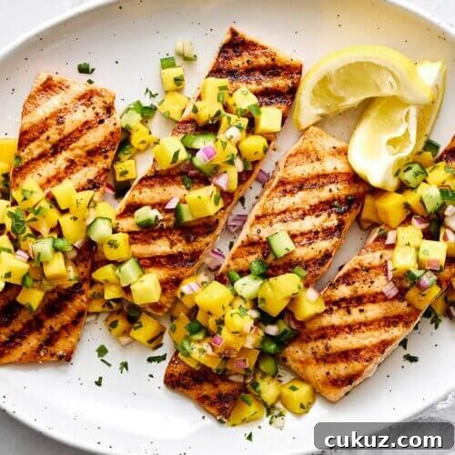 Grilled salmon recipe with mango salsa.