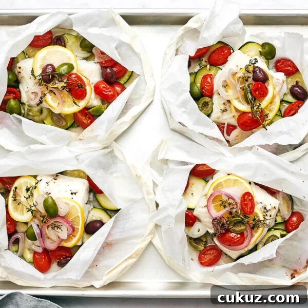 Mediterranean cod en papillotes on a sheet pan