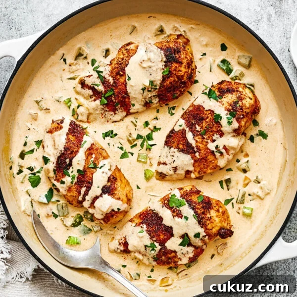 A white pan of creamy cajun chicken