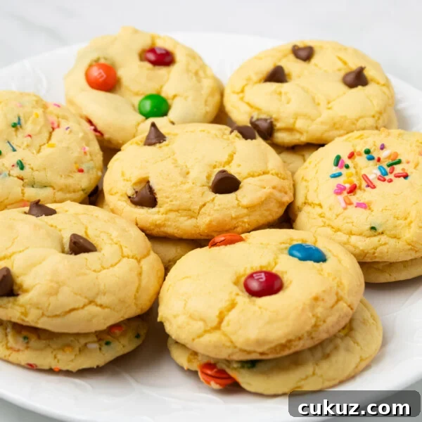 Plate of soft yellow cake mix cookies topped with chocolate chips, sprinkles, and colorful candies.