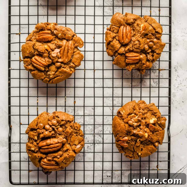 Overhead view of pecan chocolate chip cookies on a black wire rack, close up.