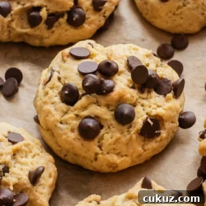 Close-up of a chocolate chip cookie with a soft, gooey center and melted chocolate chips on top.