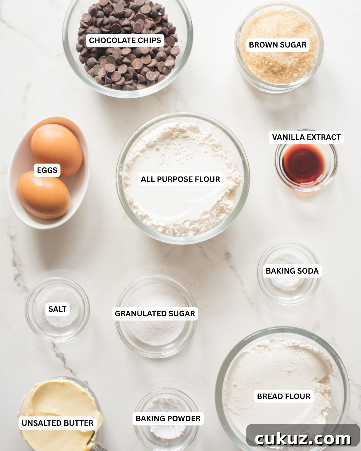 Overhead image of the ingredients for no chill chocolate chip cookies.