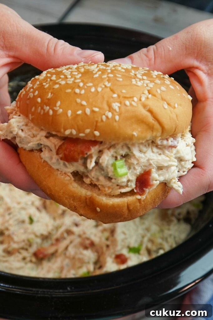 Chicken sandwich in a sesame seed bun over Crock Pot.
