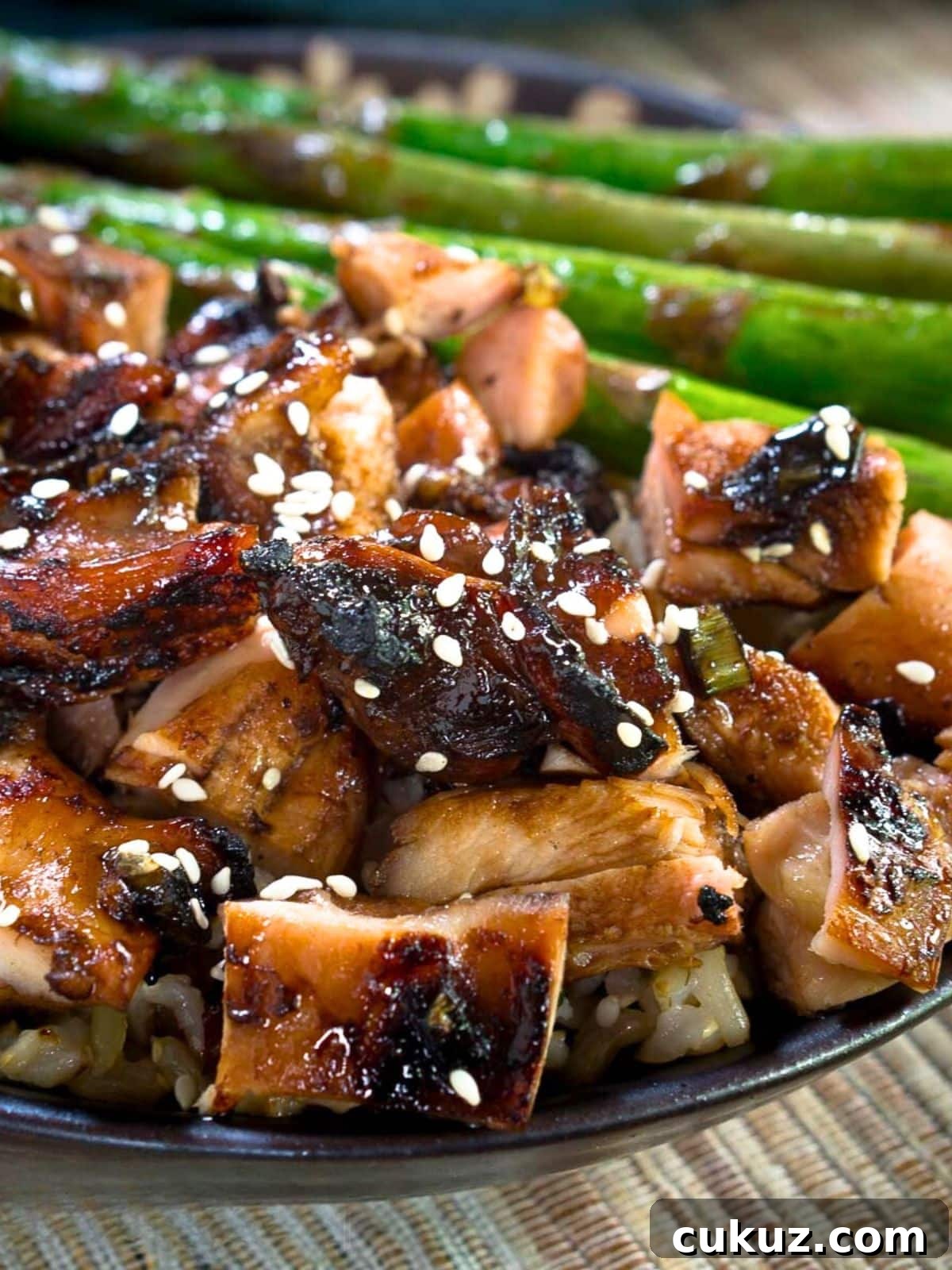 Sticky Teriyaki Grilled Chicken Bowl with Jasmine Rice 4 Sideview of grilled chicken with a teriyaki glaze garnished with sesame seeds - Hostess At Heart